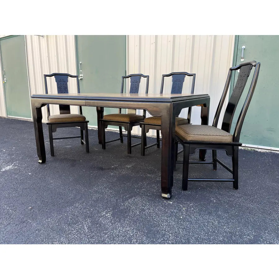Raymond Sobota for Century- Black Lacquer and Burlwood Dining Table and Chairs- Set of 5