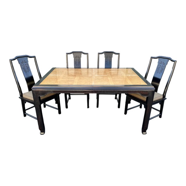 Raymond Sobota for Century- Black Lacquer and Burlwood Dining Table and Chairs- Set of 5