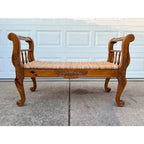 Rustic Farmhouse Carved Maple Bench With Woven Rush Seat