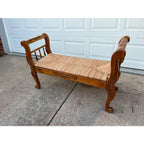 Rustic Farmhouse Carved Maple Bench With Woven Rush Seat