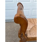 Rustic Farmhouse Carved Maple Bench With Woven Rush Seat