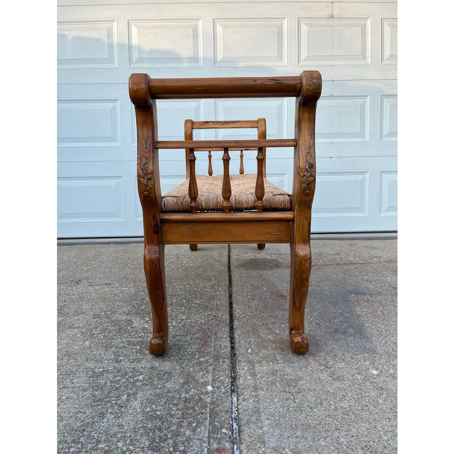 Rustic Farmhouse Carved Maple Bench With Woven Rush Seat