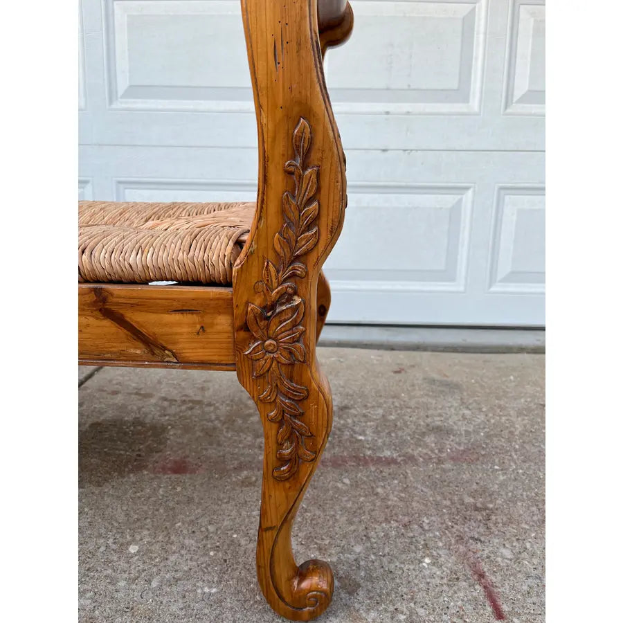 Rustic Farmhouse Carved Maple Bench With Woven Rush Seat