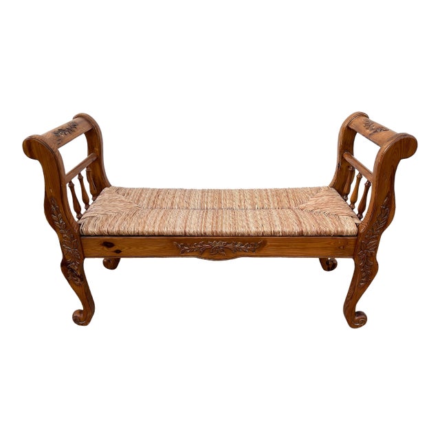 Rustic Farmhouse Carved Maple Bench With Woven Rush Seat