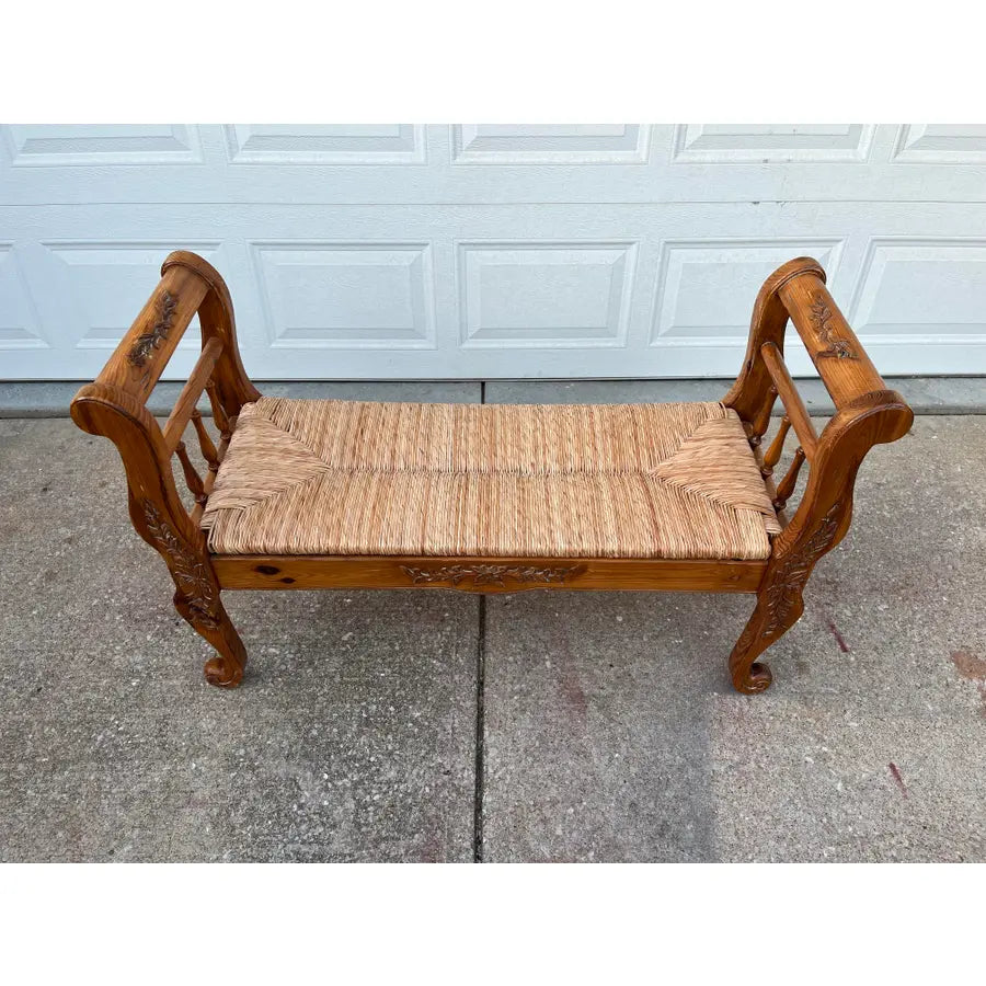 Rustic Farmhouse Carved Maple Bench With Woven Rush Seat