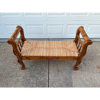 Rustic Farmhouse Carved Maple Bench With Woven Rush Seat