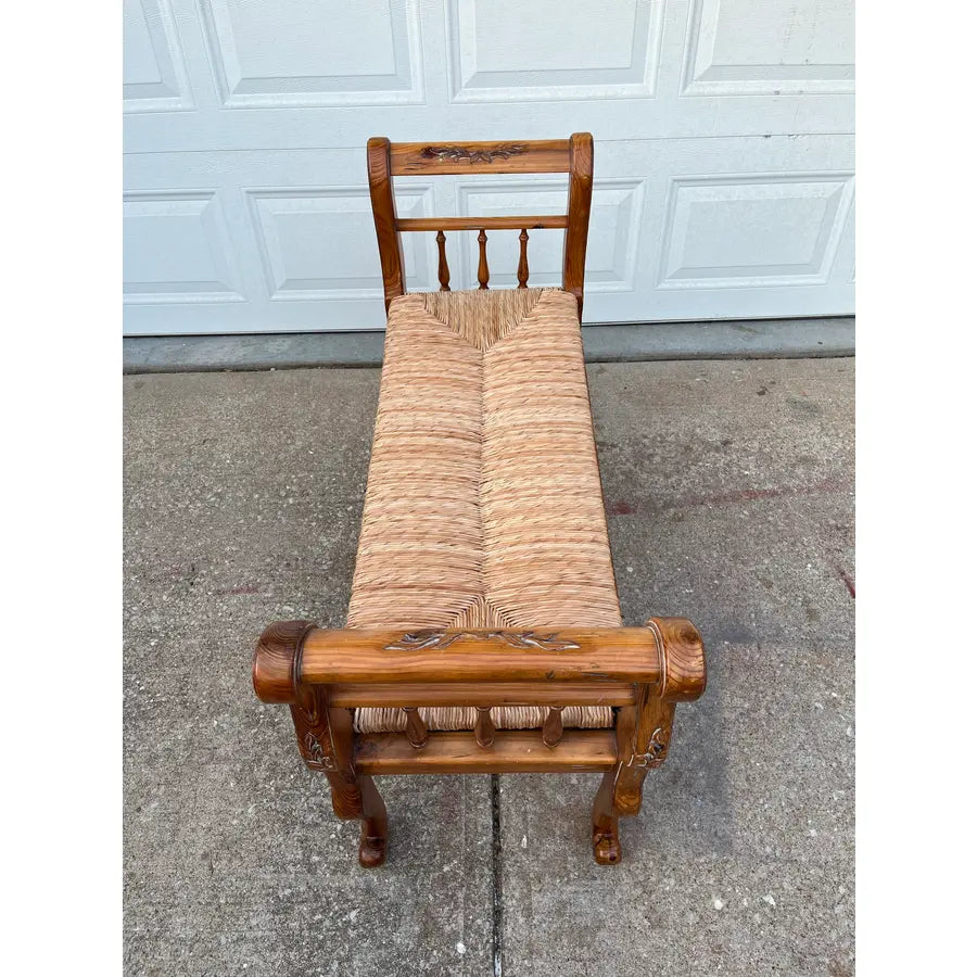 Rustic Farmhouse Carved Maple Bench With Woven Rush Seat