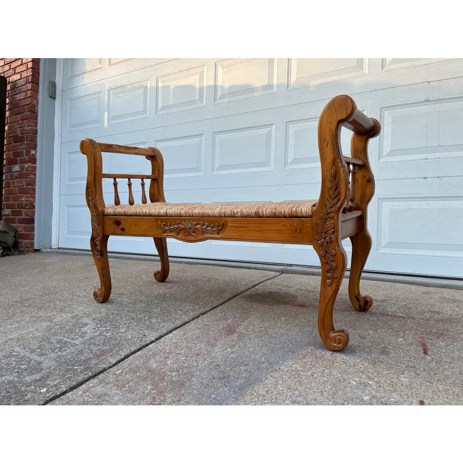 Rustic Farmhouse Carved Maple Bench With Woven Rush Seat