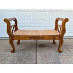 Rustic Farmhouse Carved Maple Bench With Woven Rush Seat