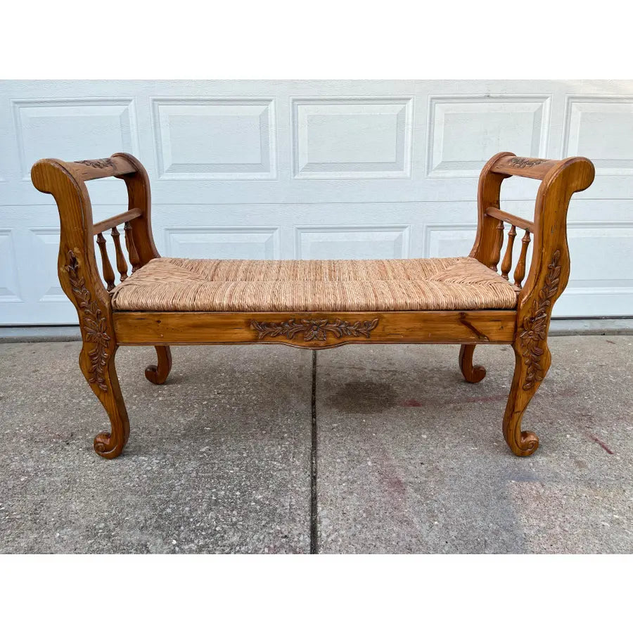 Rustic Farmhouse Carved Maple Bench With Woven Rush Seat