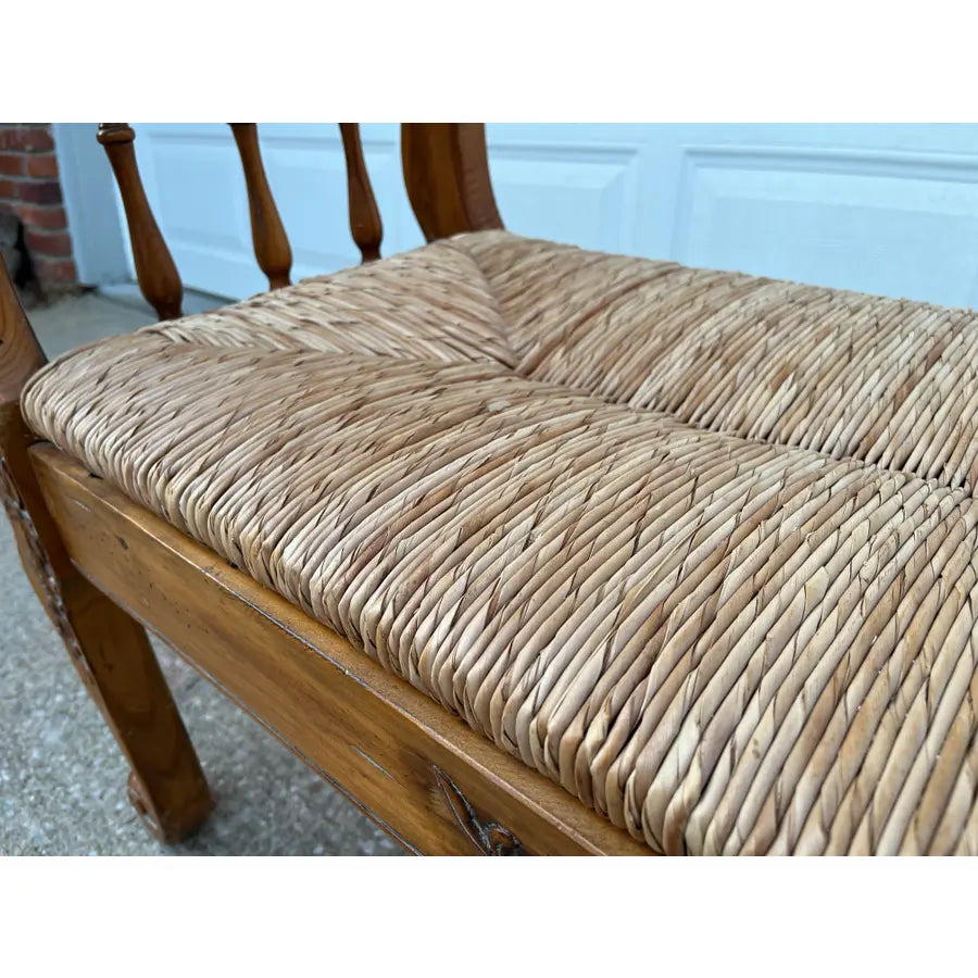 Rustic Farmhouse Carved Maple Bench With Woven Rush Seat