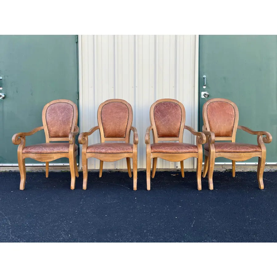 Rustic Farmhouse Leather Medallion Back Dining Chairs- Set of 4