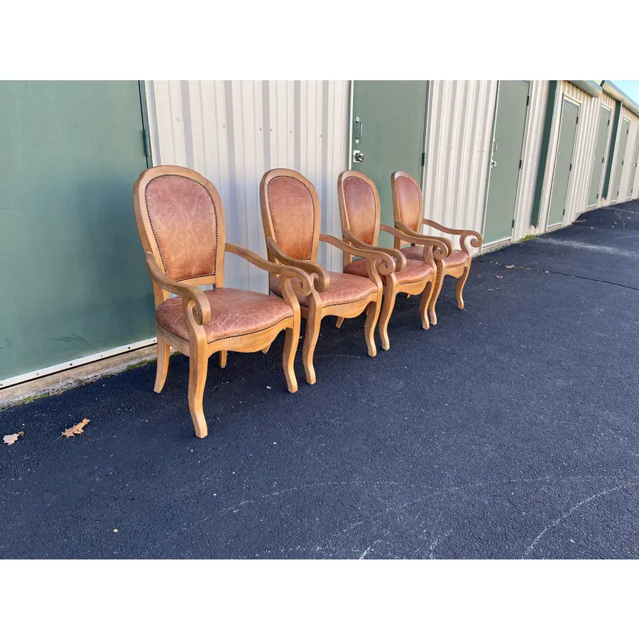 Rustic Farmhouse Leather Medallion Back Dining Chairs- Set of 4