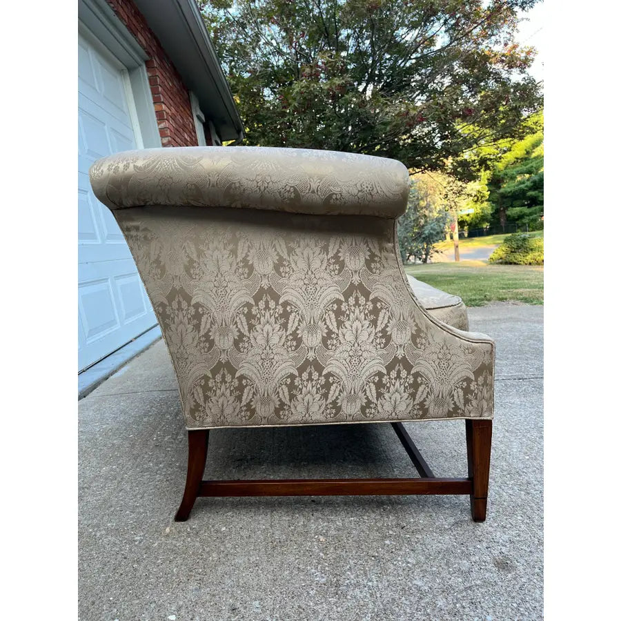 Vintage Down Filled Camelback Sofa- Reupholstered in Golden Cream Damask Silk