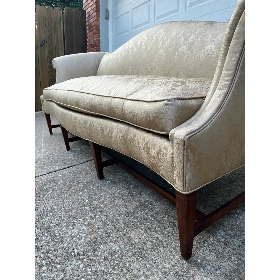 Vintage Down Filled Camelback Sofa- Reupholstered in Golden Cream Damask Silk