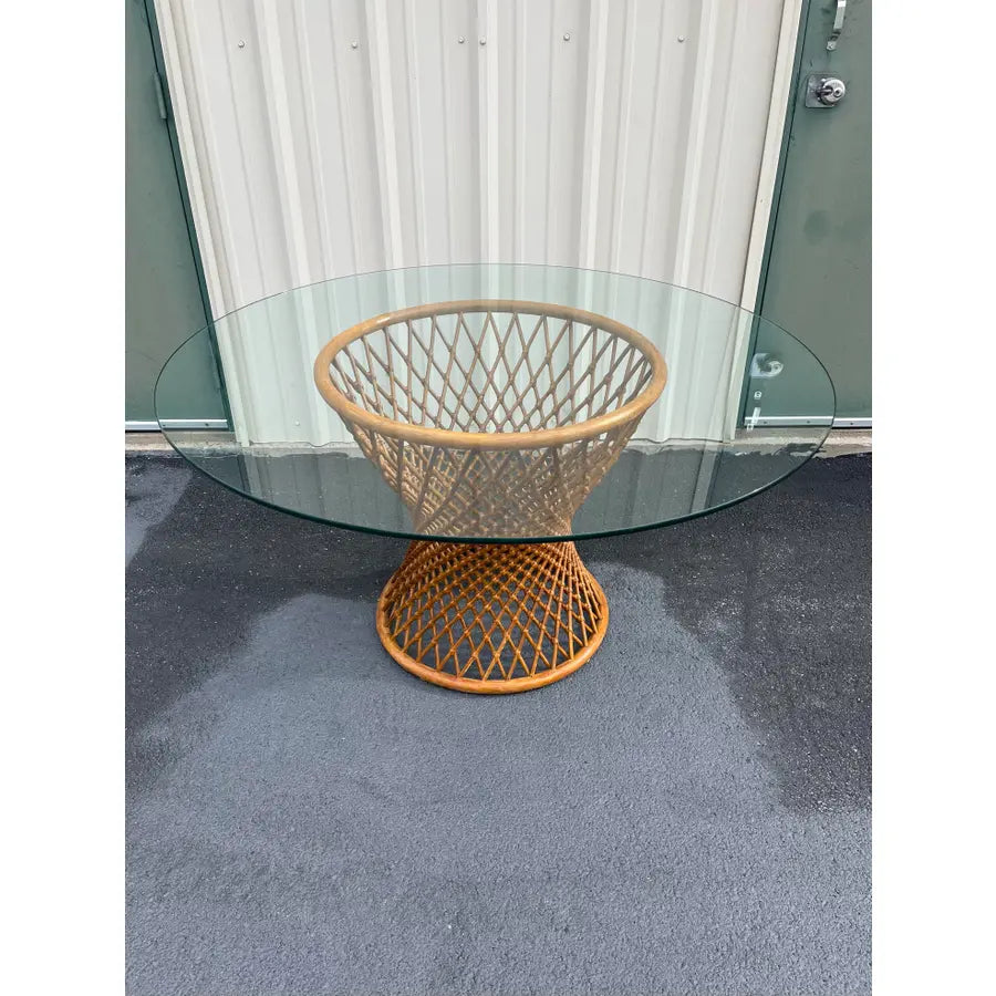 Sculptural Rattan Hourglass Dining Table- Glass Top