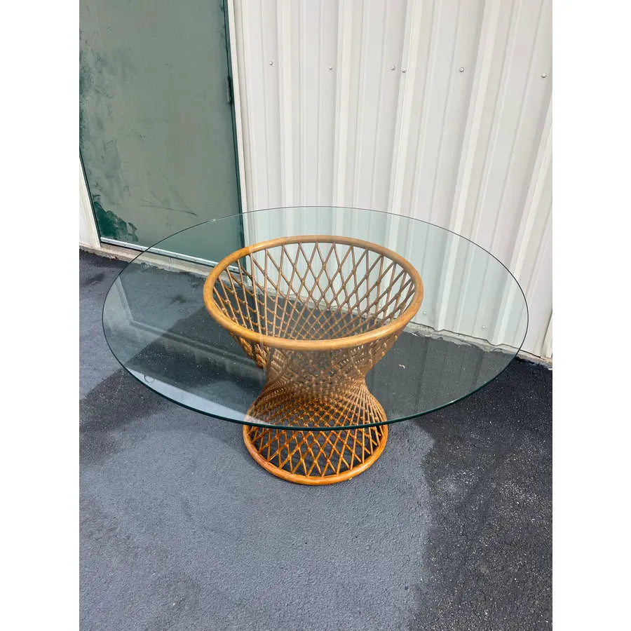 Sculptural Rattan Hourglass Dining Table- Glass Top