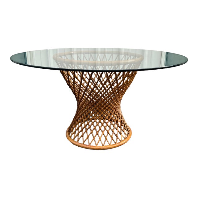 Sculptural Rattan Hourglass Dining Table- Glass Top