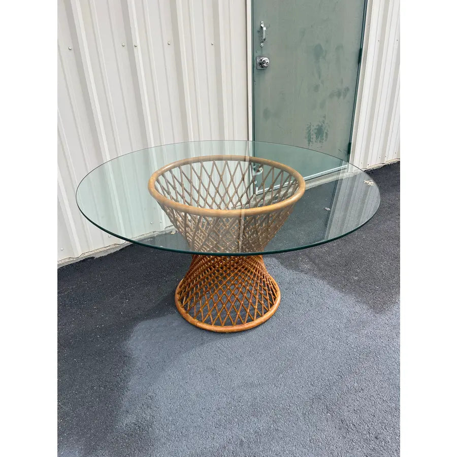 Sculptural Rattan Hourglass Dining Table- Glass Top