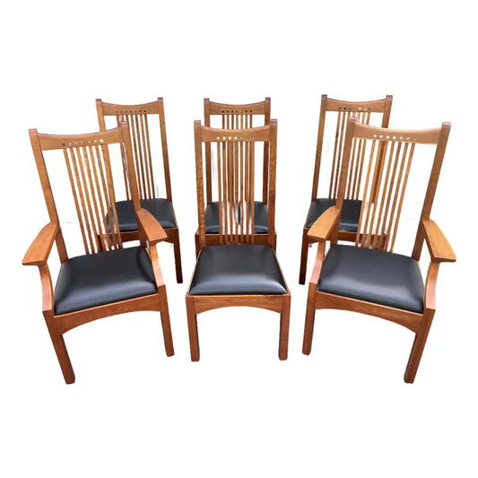 Stickley 21st Century Collection Cherry & Leather Mission Dining Chairs- Set of 6