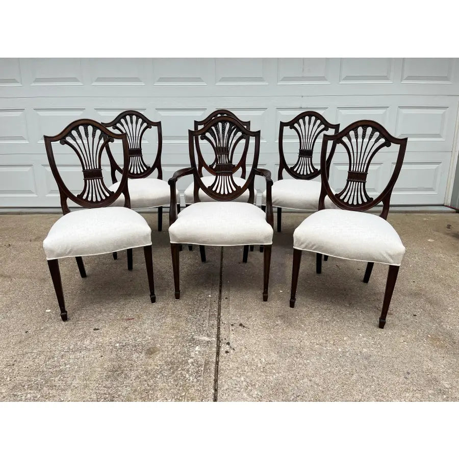 Stickley Mahogany Wheat Sheaf Back Dining Chairs- Newly Upholstered in Cream- Set of 6