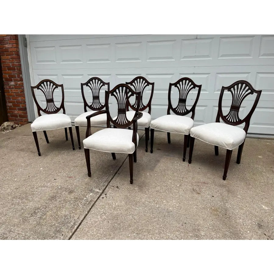Stickley Mahogany Wheat Sheaf Back Dining Chairs- Newly Upholstered in Cream- Set of 6