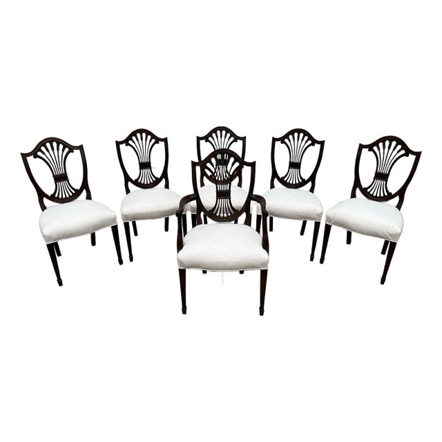 Stickley Mahogany Wheat Sheaf Back Dining Chairs- Newly Upholstered in Cream- Set of 6