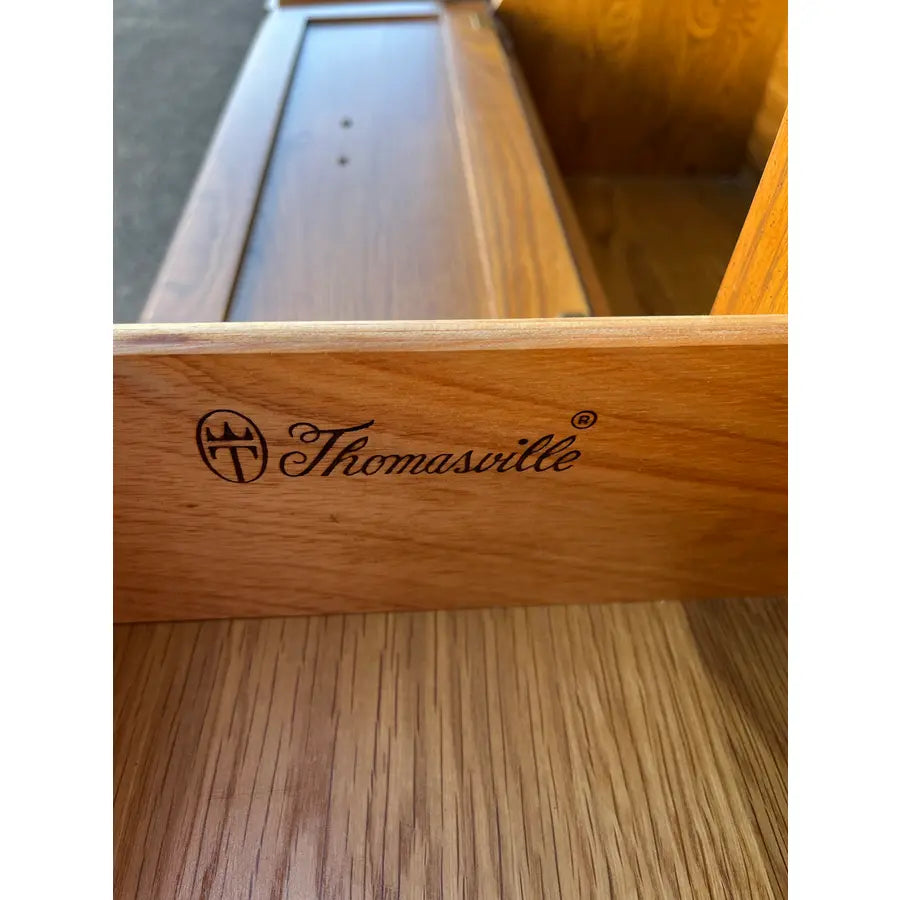 Thomasville Illuminated Oak Queen Bed Unit- Headboard, Bridge, Nightstand Armoires, and Mirror