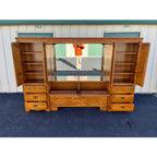 Thomasville Illuminated Oak Queen Bed Unit- Headboard, Bridge, Nightstand Armoires, and Mirror