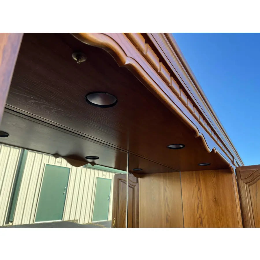 Thomasville Illuminated Oak Queen Bed Unit- Headboard, Bridge, Nightstand Armoires, and Mirror