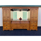 Thomasville Illuminated Oak Queen Bed Unit- Headboard, Bridge, Nightstand Armoires, and Mirror