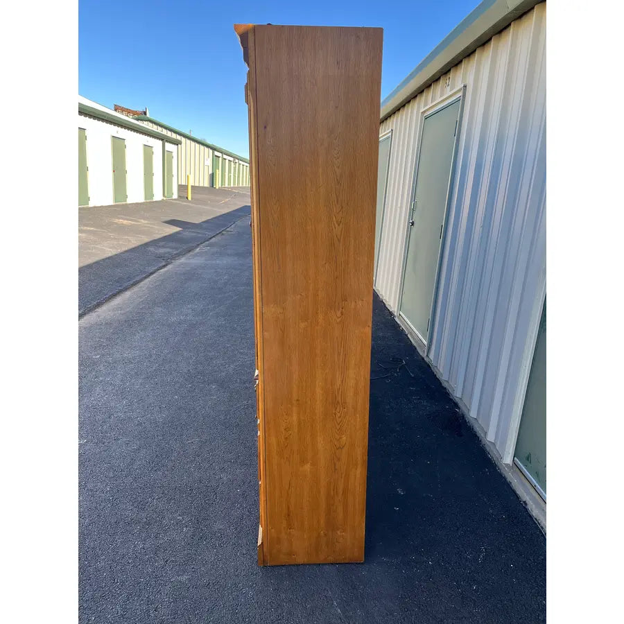 Thomasville Illuminated Oak Queen Bed Unit- Headboard, Bridge, Nightstand Armoires, and Mirror