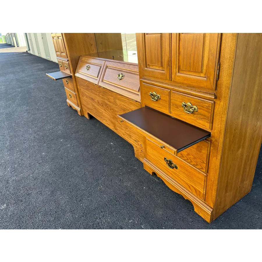 Thomasville Illuminated Oak Queen Bed Unit- Headboard, Bridge, Nightstand Armoires, and Mirror