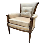 Traditional Walnut English Style Tufted Arm Chair in Cream Upholstery