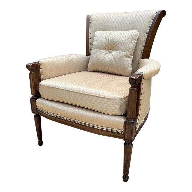 Traditional Walnut English Style Tufted Arm Chair in Cream Upholstery