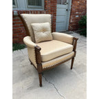 Traditional Walnut English Style Tufted Arm Chair in Cream Upholstery