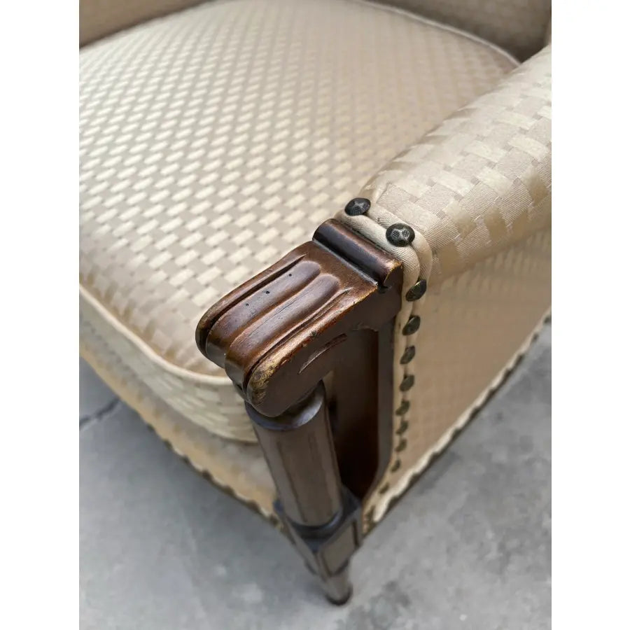 Traditional Walnut English Style Tufted Arm Chair in Cream Upholstery