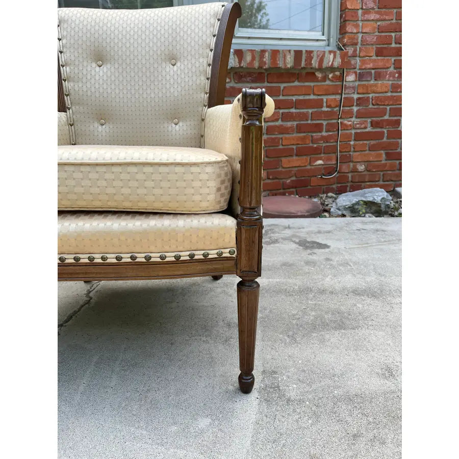 Traditional Walnut English Style Tufted Arm Chair in Cream Upholstery