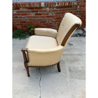 Traditional Walnut English Style Tufted Arm Chair in Cream Upholstery