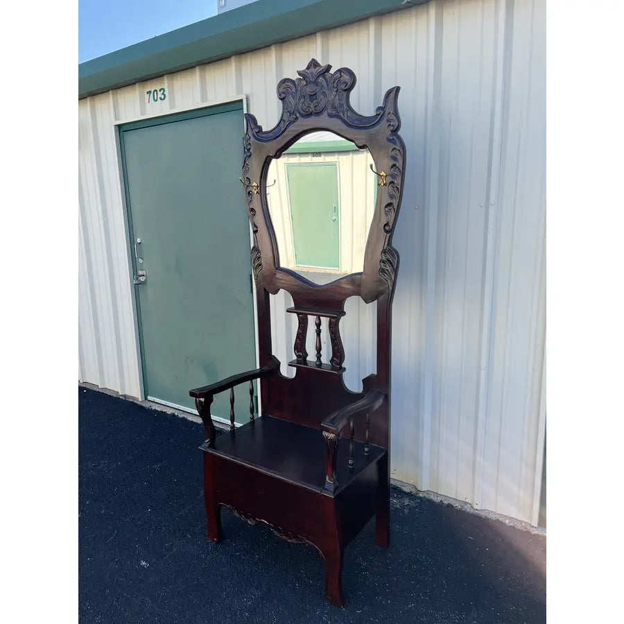 Victorian Carved Mahogany Hall Seat or Hall Tree With Mirror