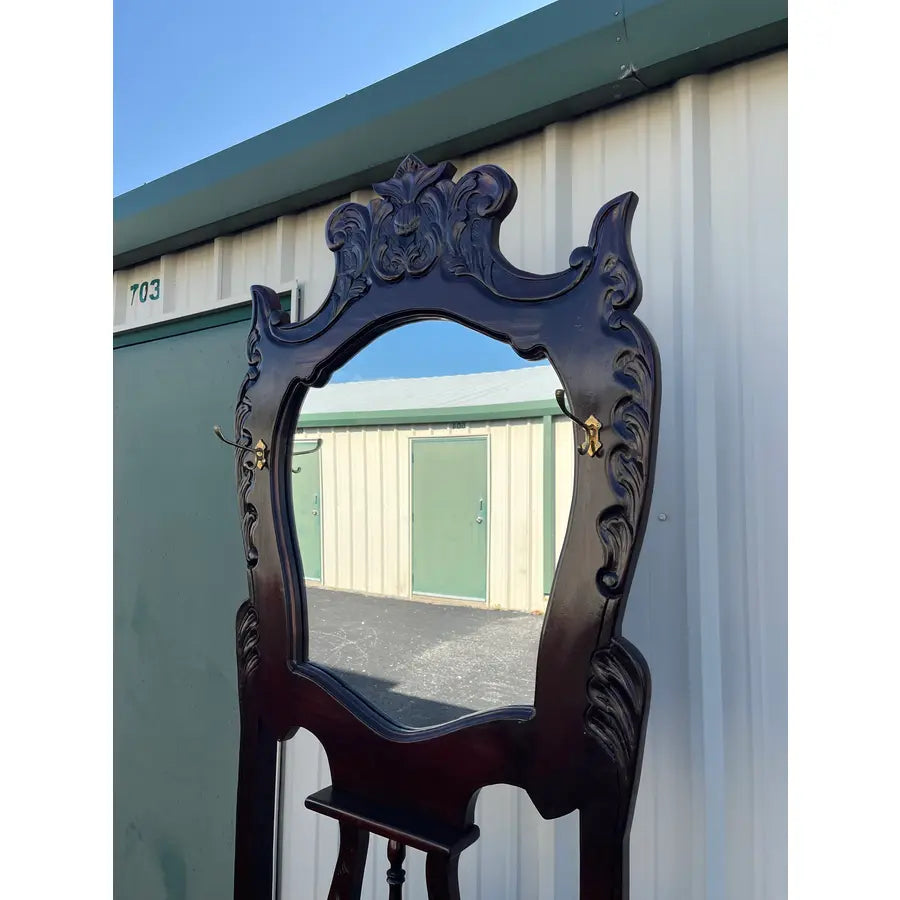 Victorian Carved Mahogany Hall Seat or Hall Tree With Mirror