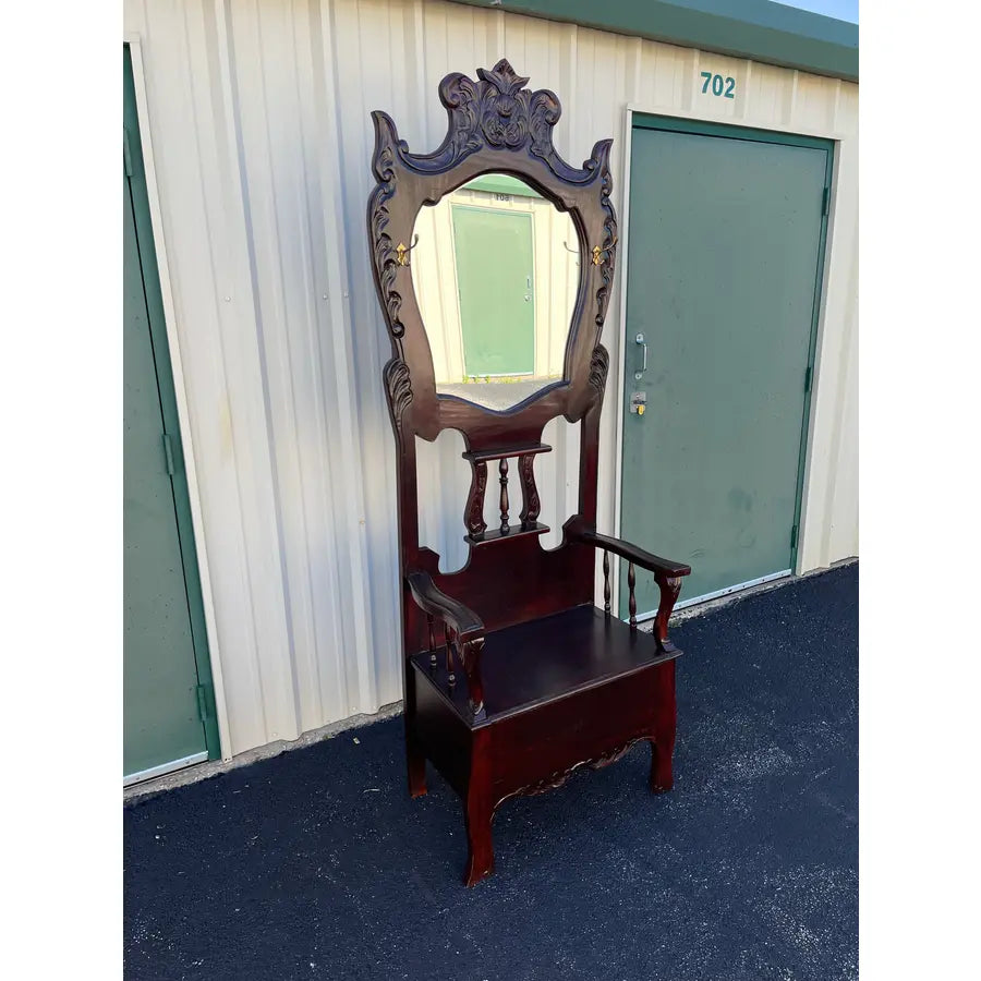 Victorian Carved Mahogany Hall Seat or Hall Tree With Mirror