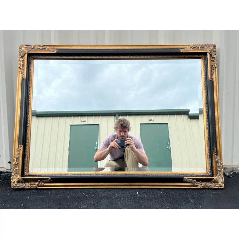 Vintage Beveled Glass Rectangular Wall Mirror in Black and Gold Frame