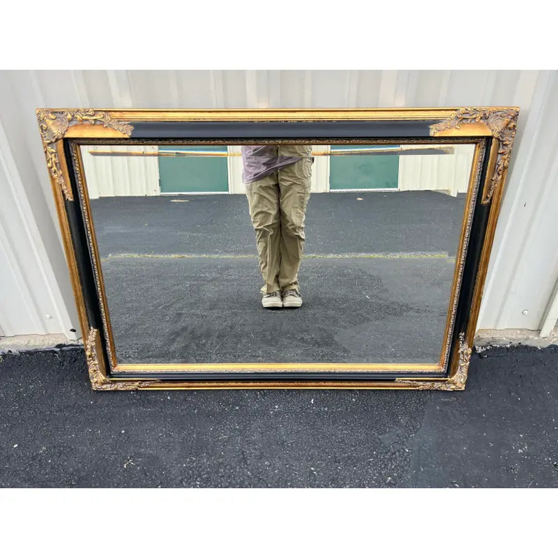 Vintage Beveled Glass Rectangular Wall Mirror in Black and Gold Frame