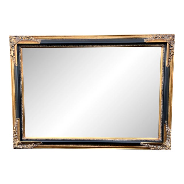 Vintage Beveled Glass Rectangular Wall Mirror in Black and Gold Frame