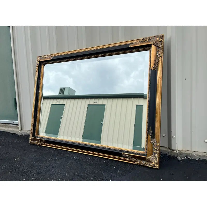 Vintage Beveled Glass Rectangular Wall Mirror in Black and Gold Frame