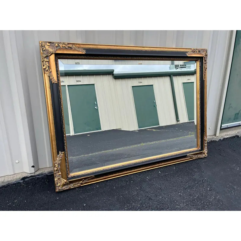 Vintage Beveled Glass Rectangular Wall Mirror in Black and Gold Frame