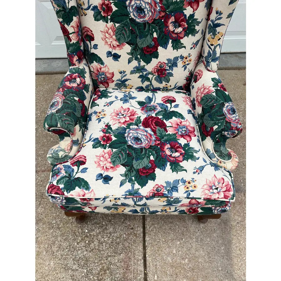 Vintage Bright Floral Queen Anne Wingback Arm Chair