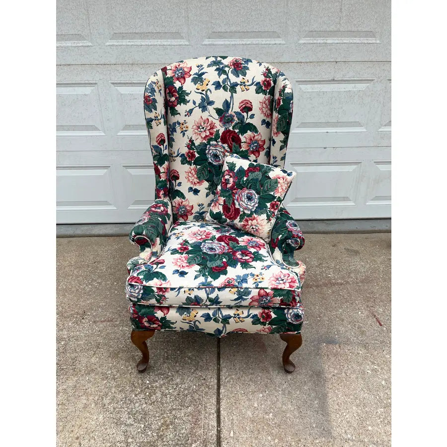 Vintage Bright Floral Queen Anne Wingback Arm Chair