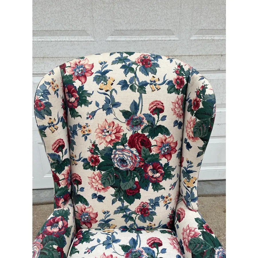 Vintage Bright Floral Queen Anne Wingback Arm Chair